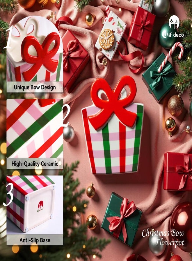 DIF DECO Red Bow Christmas Vase, 6.5 Inch Ceramic Unique Wide Paper Bag Vase, Xmas Cute Holiday Flower Pot for Centerpieces/Home/Living Room/Shelf Table, Modern Decor - Image 5